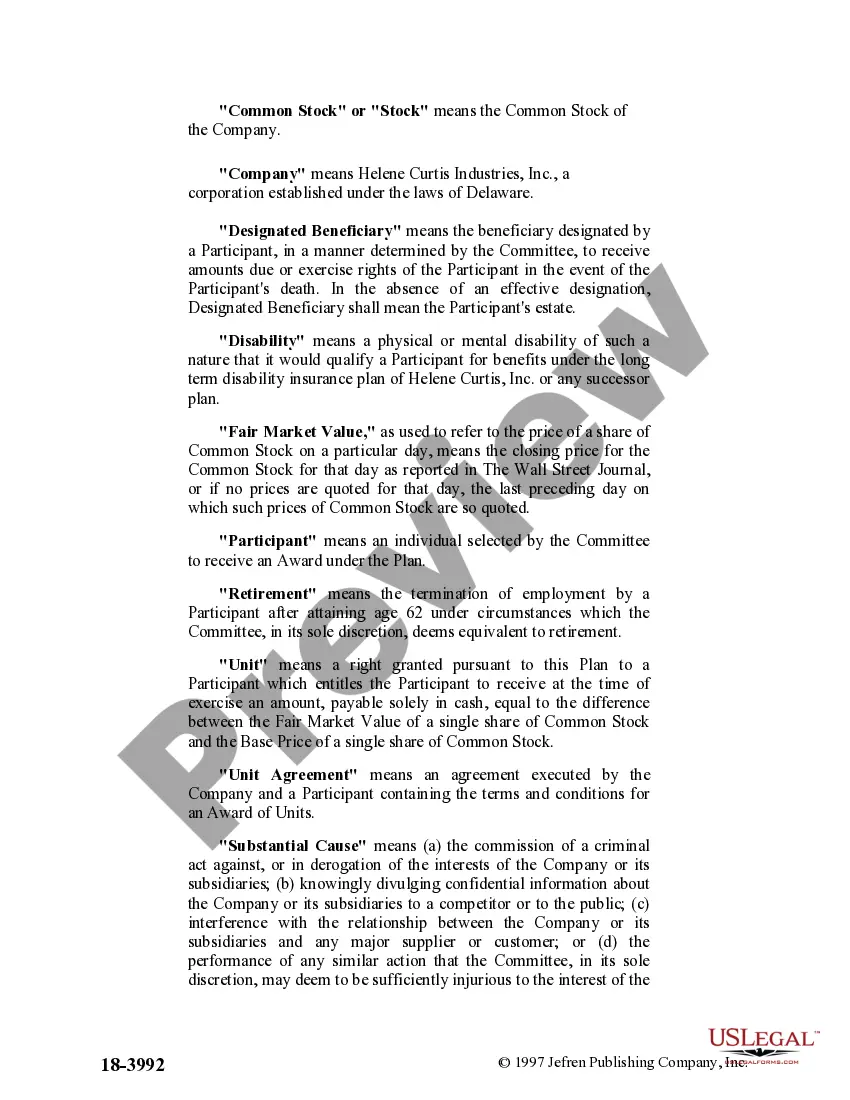 Preview Stock Appreciation Right Plan of Helene Curtis Industries, Inc.