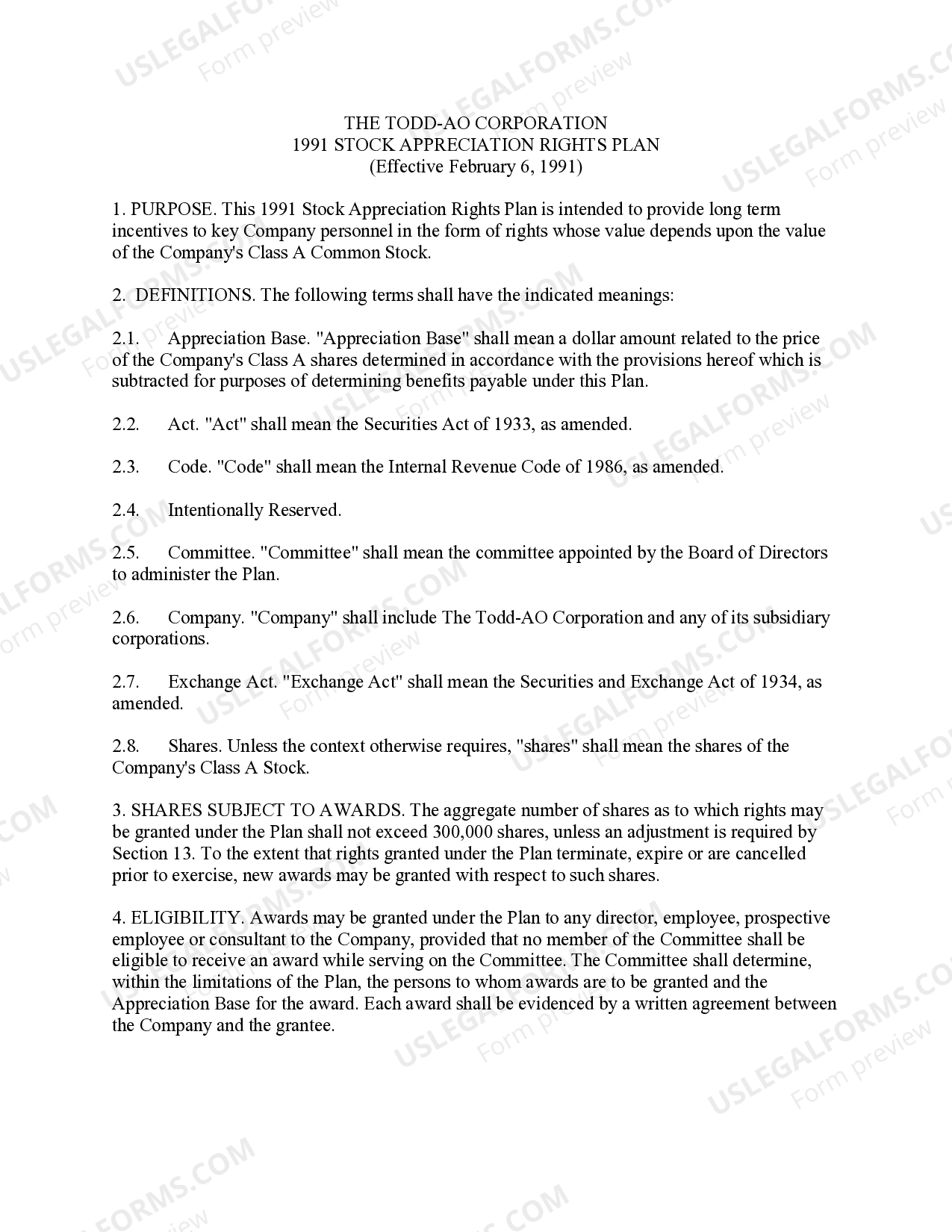 Stock Appreciation Rights Plan of The ToddAO Corporation Stock