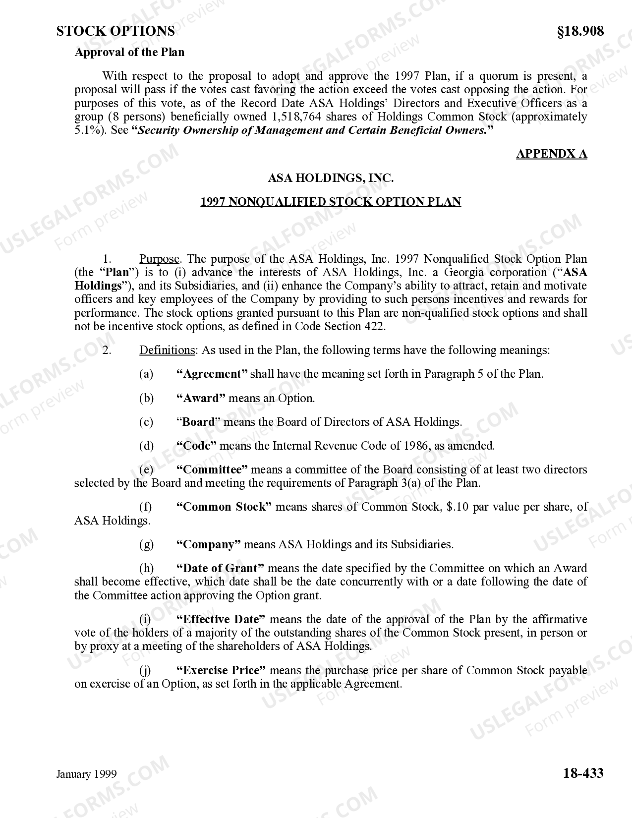 Mecklenburg North Carolina Nonqualified Stock Option Plan of ASA