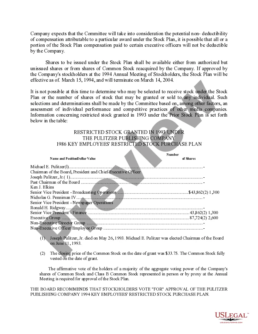 Get Approval of Key Employees' Restricted Stock Purchase Plan of The Pulitzer Publishing Co. Preview Approval of Key Employees' Restricted Stock Purchase Plan of The Pulitzer Publishing Co.