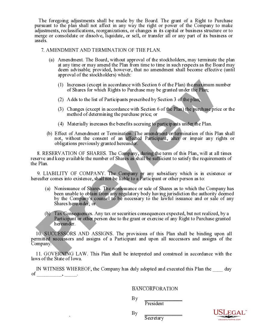 Preview Stock Purchase Plan with exhibit of Bancorporation