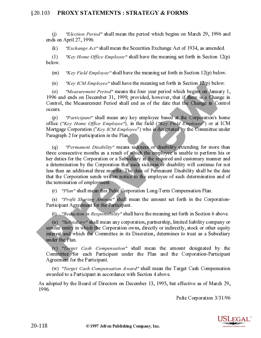 Preview Long Term Compensation Plan of Pulte Corp.