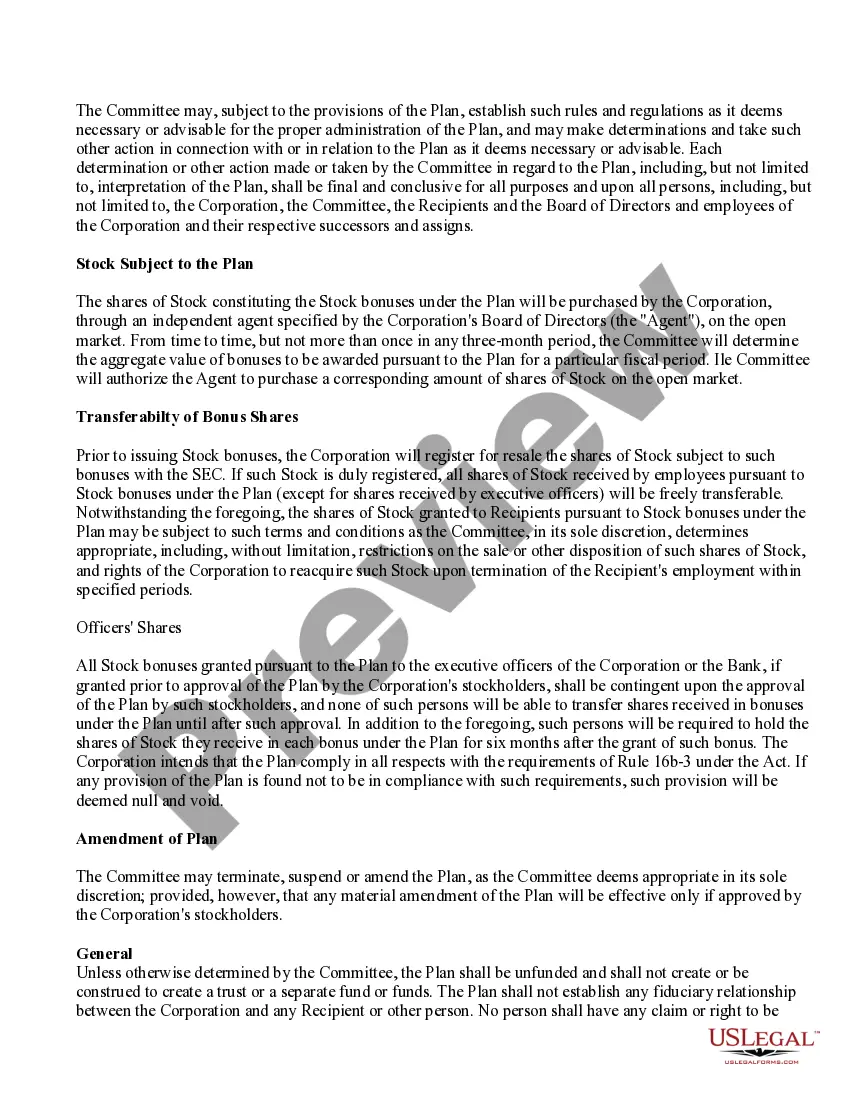 Preview Stock Bonus Plan of First West Chester Corp.