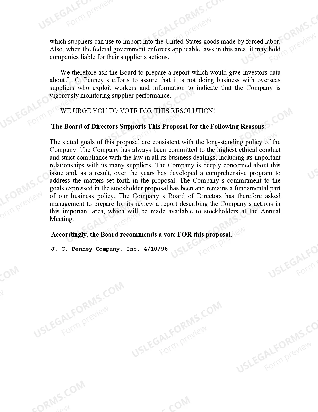 Preview Stockholder proposal of J.C. Penney Co., Inc. regarding ensuring company does not do business with foreign suppliers who use forced, convict, or illegal child labor