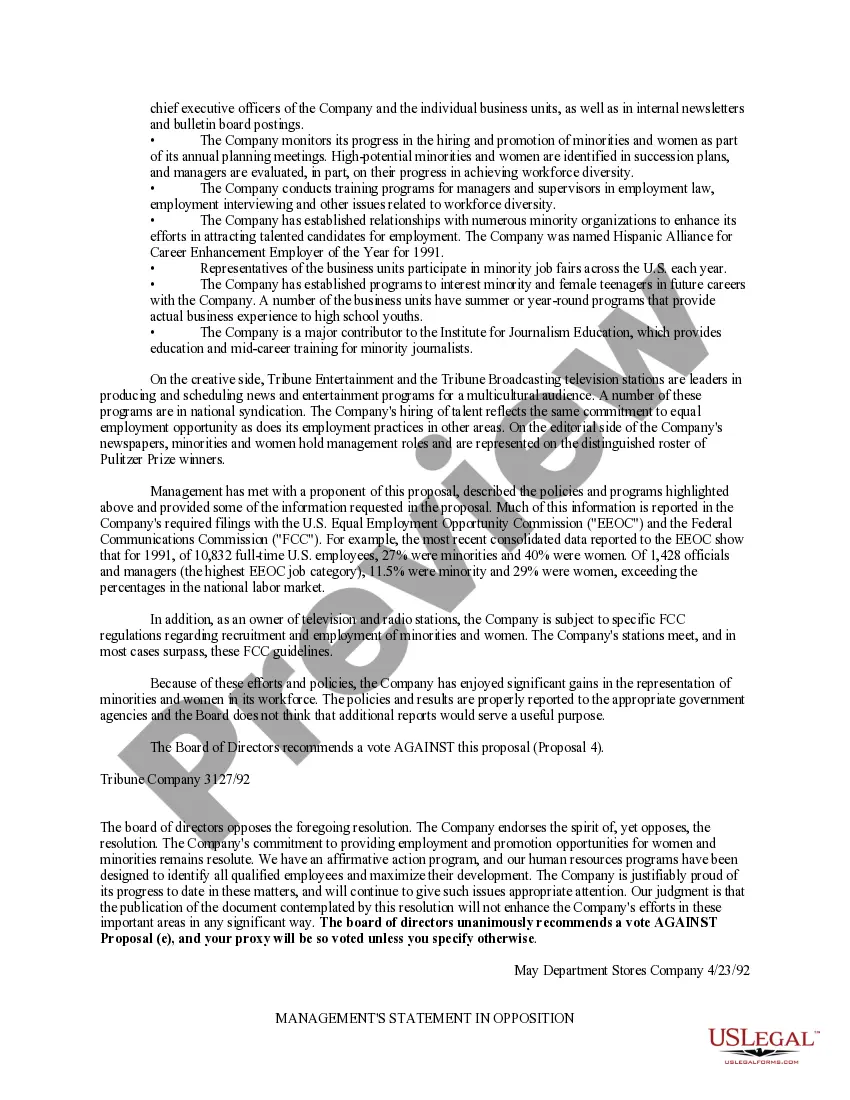 Get Stockholder proposal of the Tribune Co. proposing to require reports to stockholders on progress with equal employment opportunity and affirmative action programs Preview Stockholder proposal of the Tribune Co. proposing to require reports to stockholders on progress with equal employment opportunity and affirmative action programs