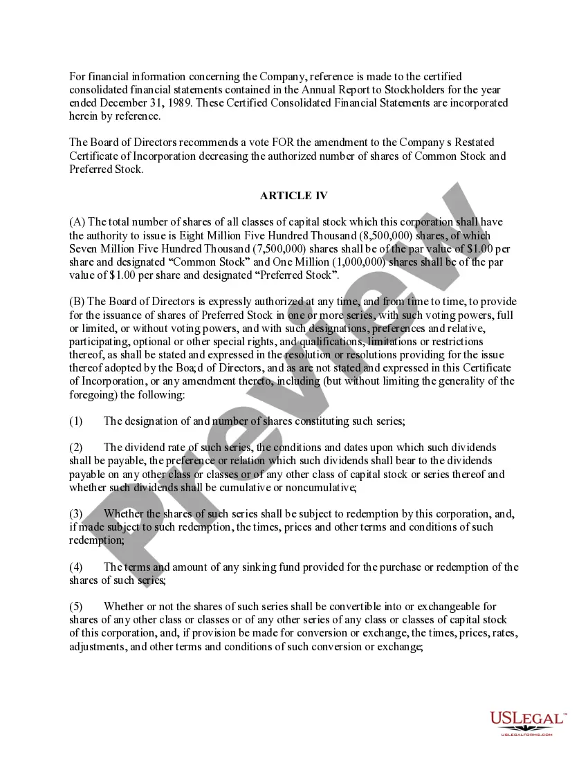 Get Proposal to decrease authorized common and preferred stock Preview Proposal to decrease authorized common and preferred stock