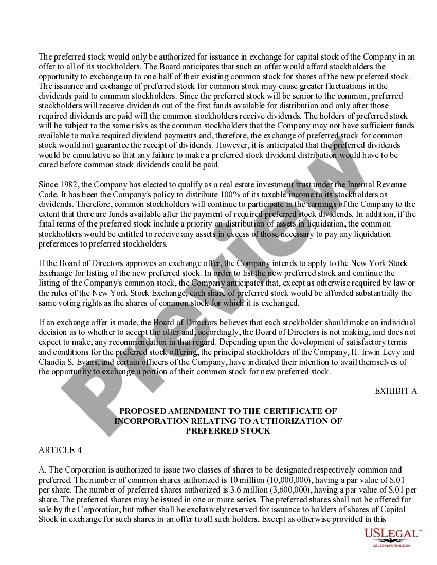 Get Proposed amendment to Article 4 of certificate of incorporation to authorize issuance of preferred stock with copy of amendment Preview Proposed amendment to Article 4 of certificate of incorporation to authorize issuance of preferred stock with copy of amendment