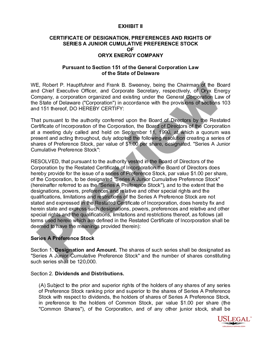 page 0 Certificate of designation, preferences and rights of Series A junior cumulative preference stock of Oryx Energy Company preview