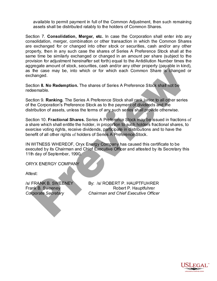 page 4 Certificate of designation, preferences and rights of Series A junior cumulative preference stock of Oryx Energy Company preview