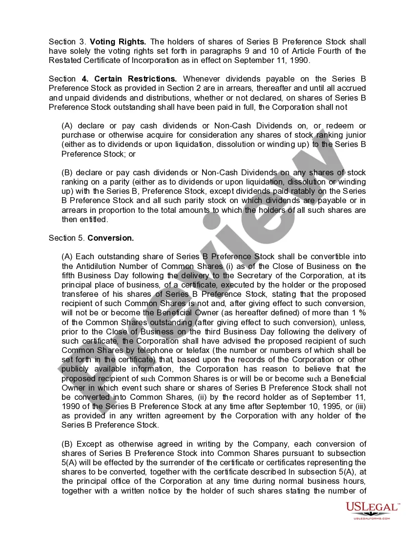 Get Certificate of designation, preferences and rights of Series B junior cumulative convertible preference stock of Oryx Energy Company Preview Certificate of designation, preferences and rights of Series B junior cumulative convertible preference stock of Oryx Energy Company