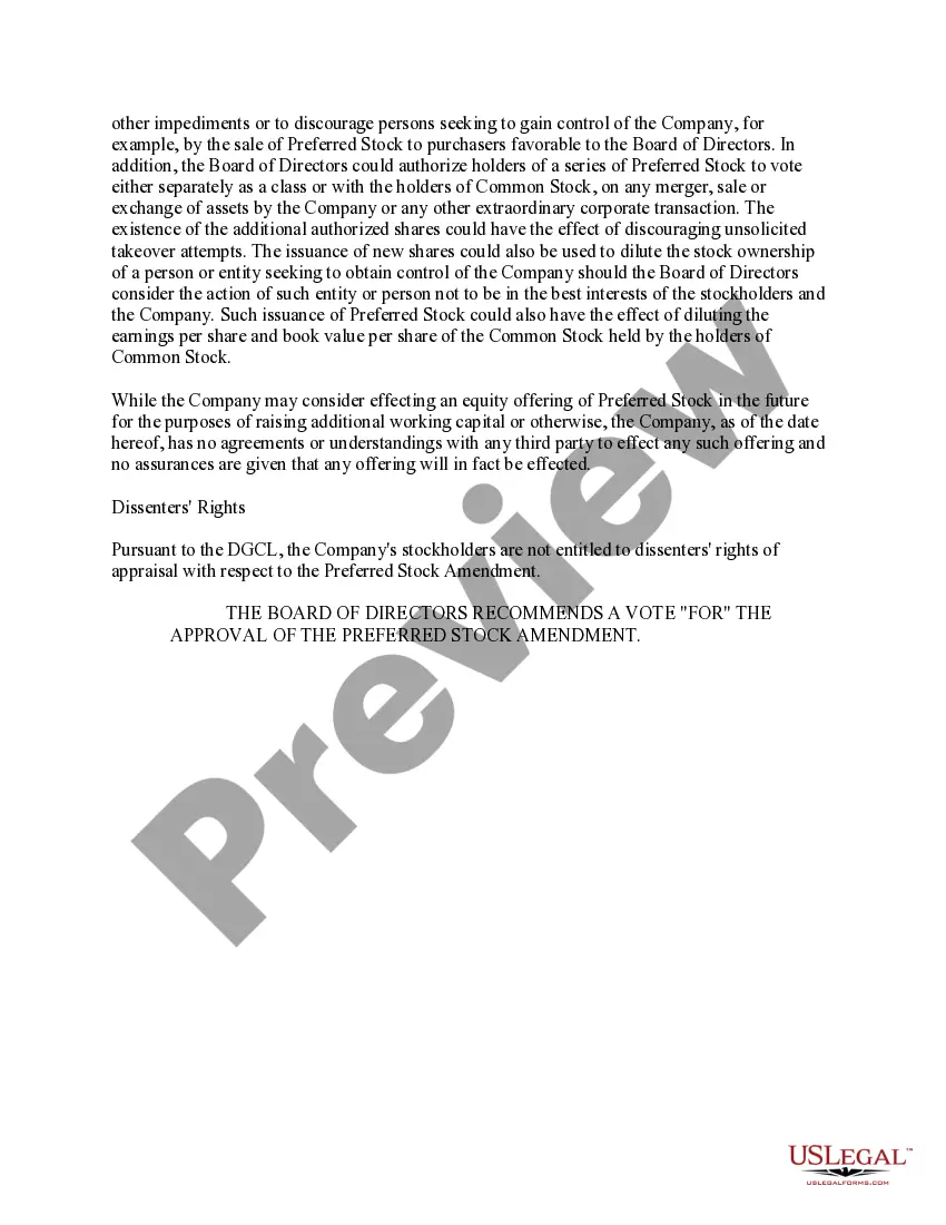 Get Proposed amendment to the certificate of incorporation to authorize up to 10,000,000 shares of preferred stock with amendment Preview Proposed amendment to the certificate of incorporation to authorize up to 10,000,000 shares of preferred stock with amendment
