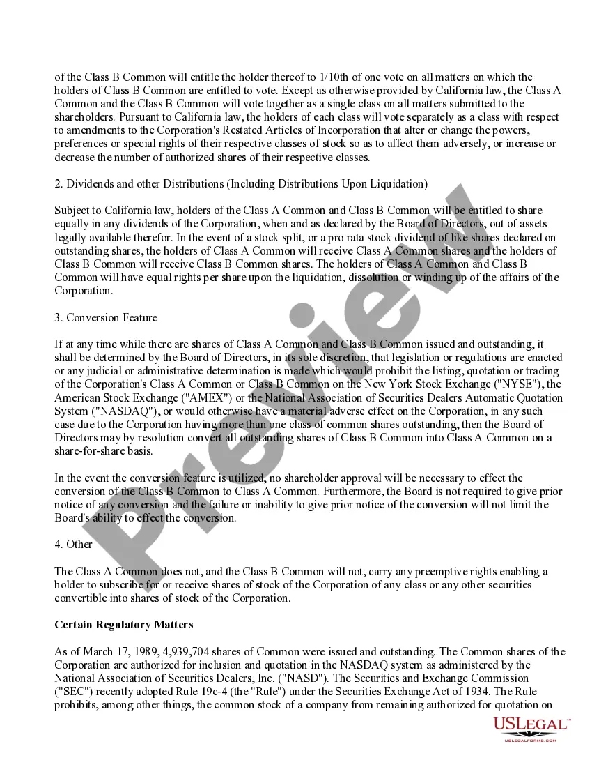 Preview Proposal to amend the restated articles of incorporation to create a second class of common stock