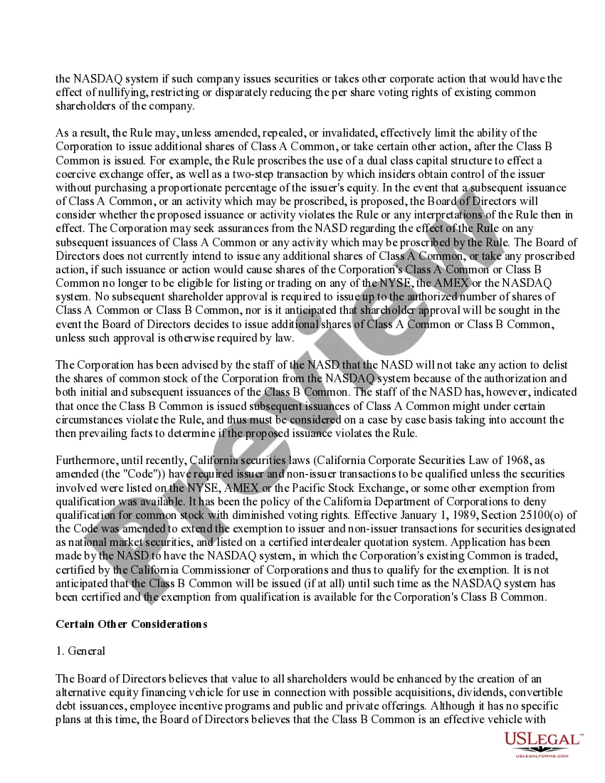 Preview Proposal to amend the restated articles of incorporation to create a second class of common stock