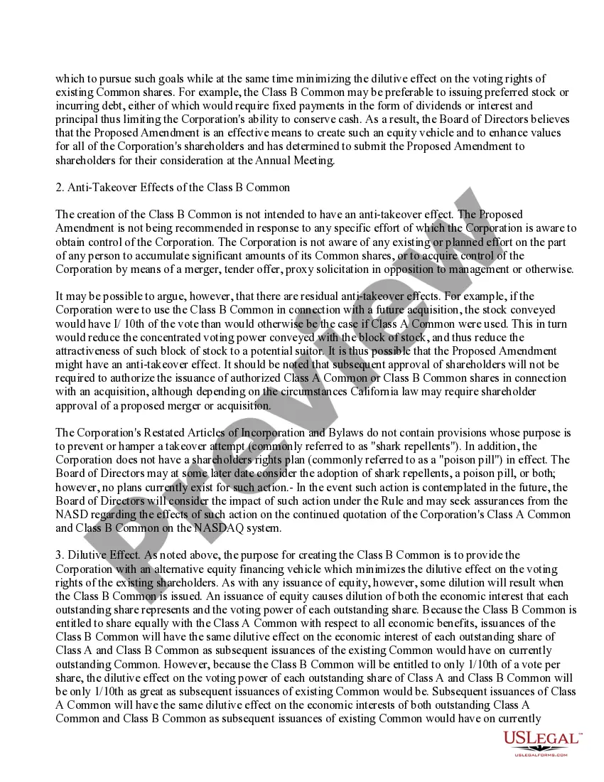 Preview Proposal to amend the restated articles of incorporation to create a second class of common stock
