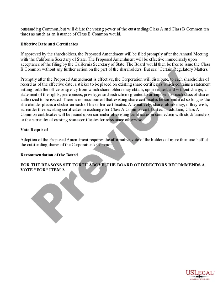 Preview Proposal to amend the restated articles of incorporation to create a second class of common stock