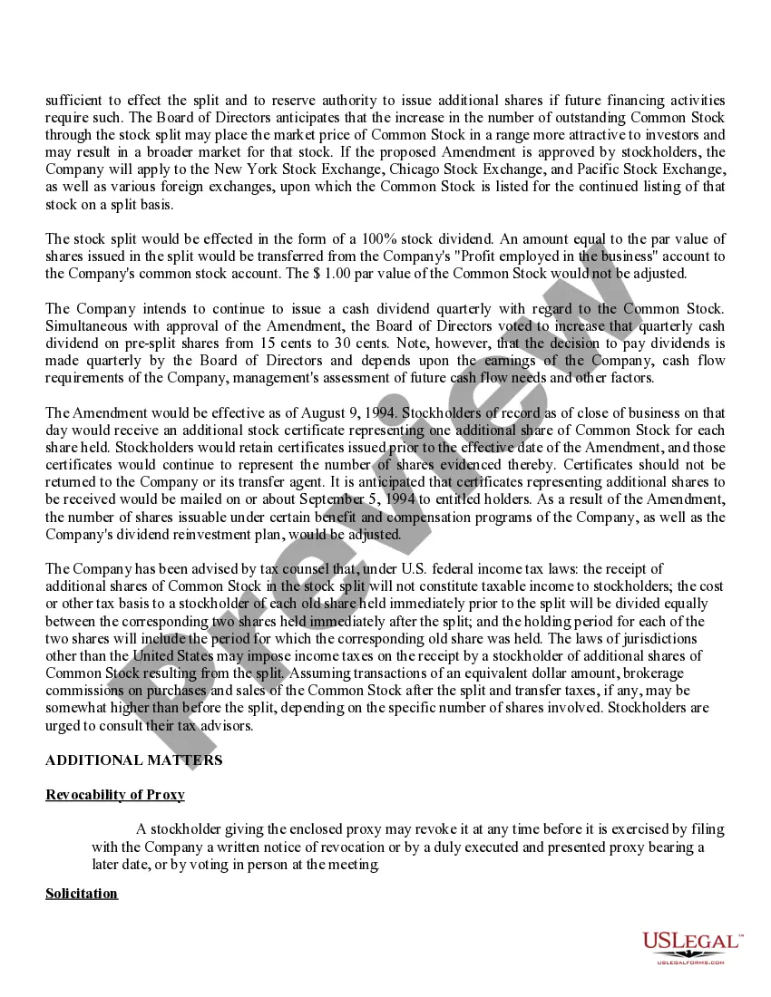 Preview Notice and Proxy Statement to effect a 2-for-1 split of outstanding common stock