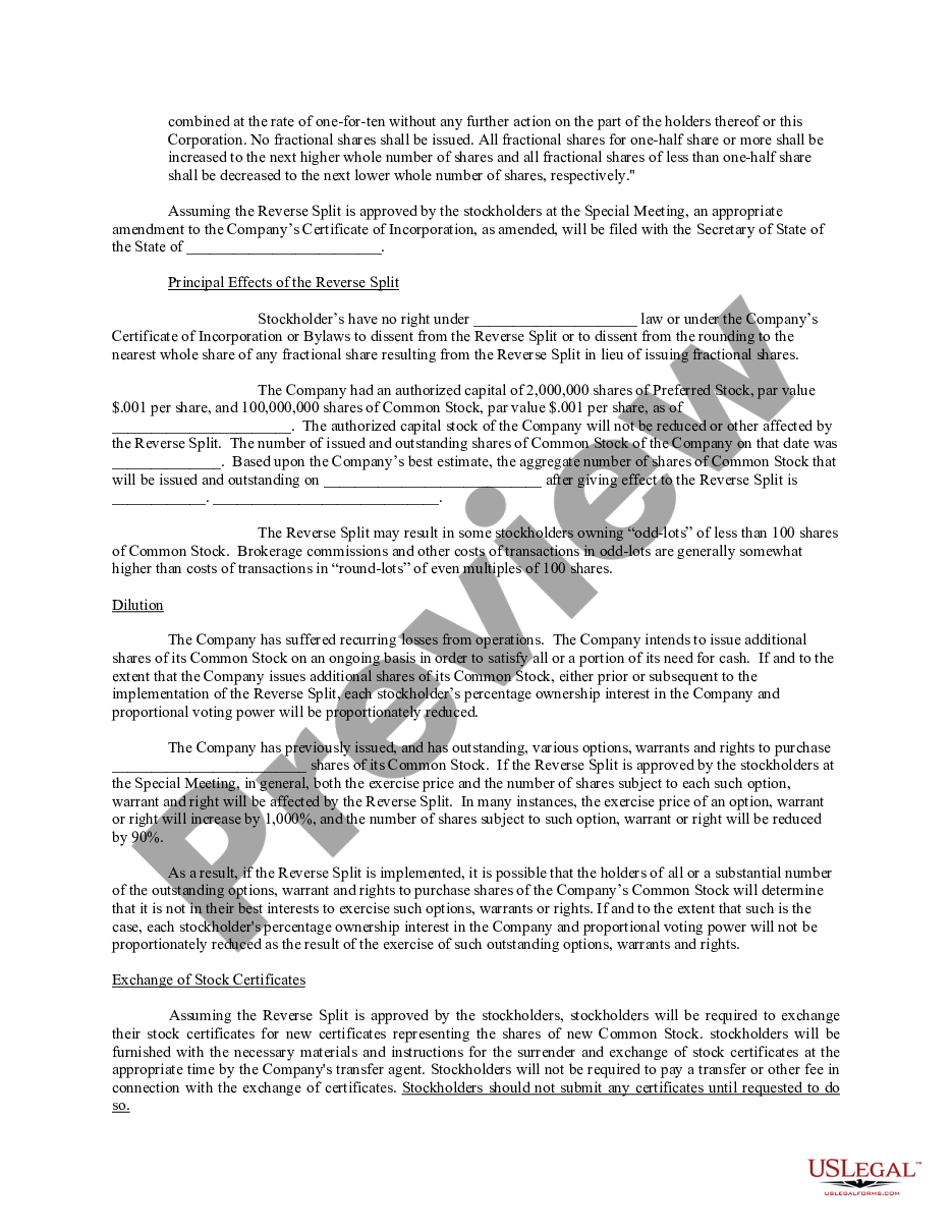 page 1 Proposal to amend certificate of incorporation to effectuate a one for ten reverse stock split preview