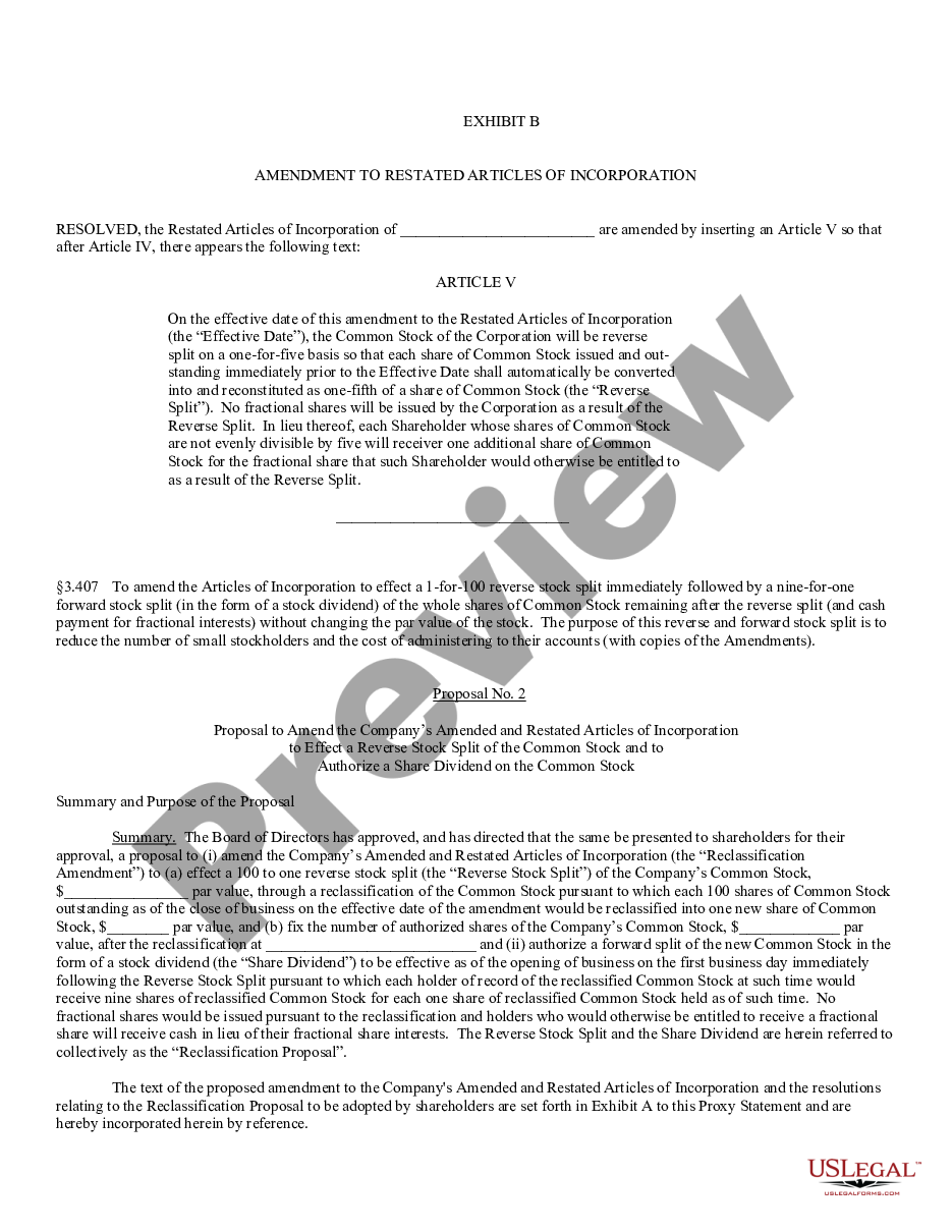 page 0 Proposal to amend articles of incorporation to effect a reverse stock split of common stock and authorize a share dividend on common stock preview