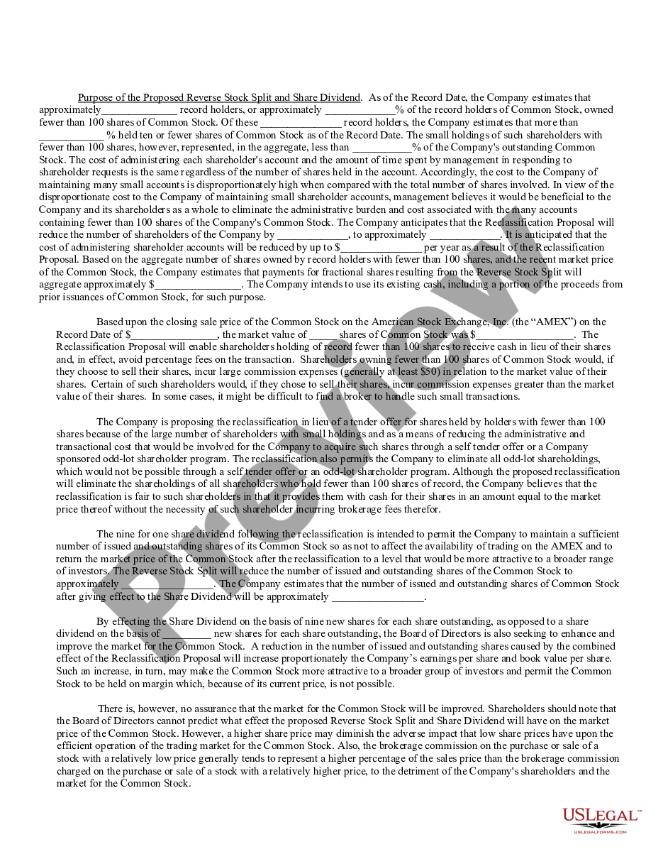 page 1 Proposal to amend articles of incorporation to effect a reverse stock split of common stock and authorize a share dividend on common stock preview