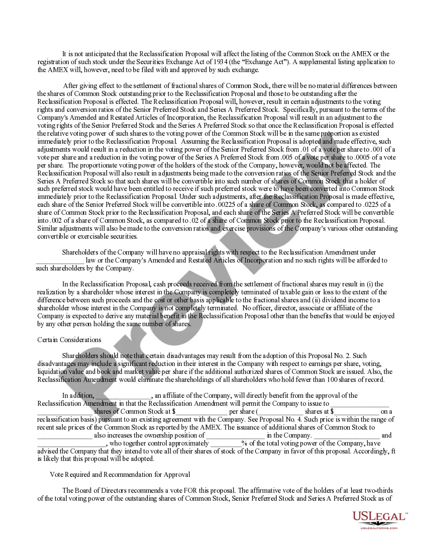 Get Proposal to amend articles of incorporation to effect a reverse stock split of common stock and authorize a share dividend on common stock Preview Proposal to amend articles of incorporation to effect a reverse stock split of common stock and authorize a share dividend on common stock