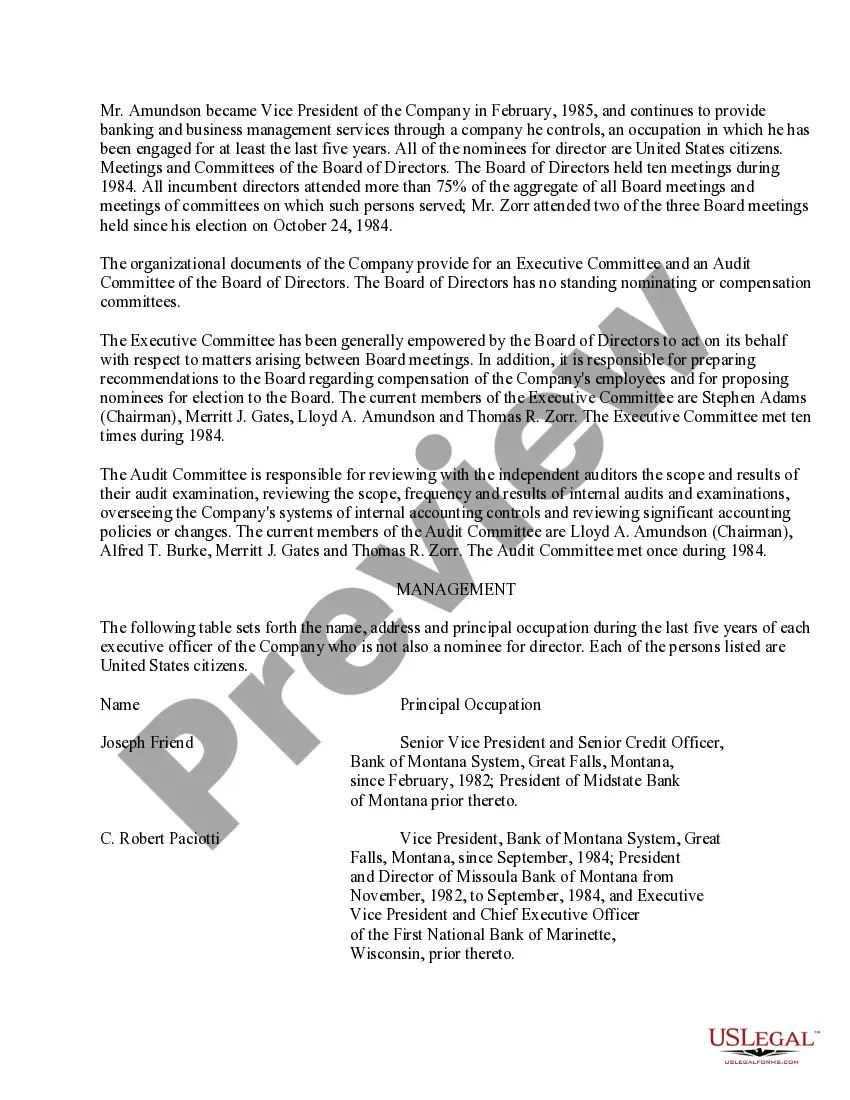 Get Proxy Statement of Bank of Montana System Preview Proxy Statement of Bank of Montana System