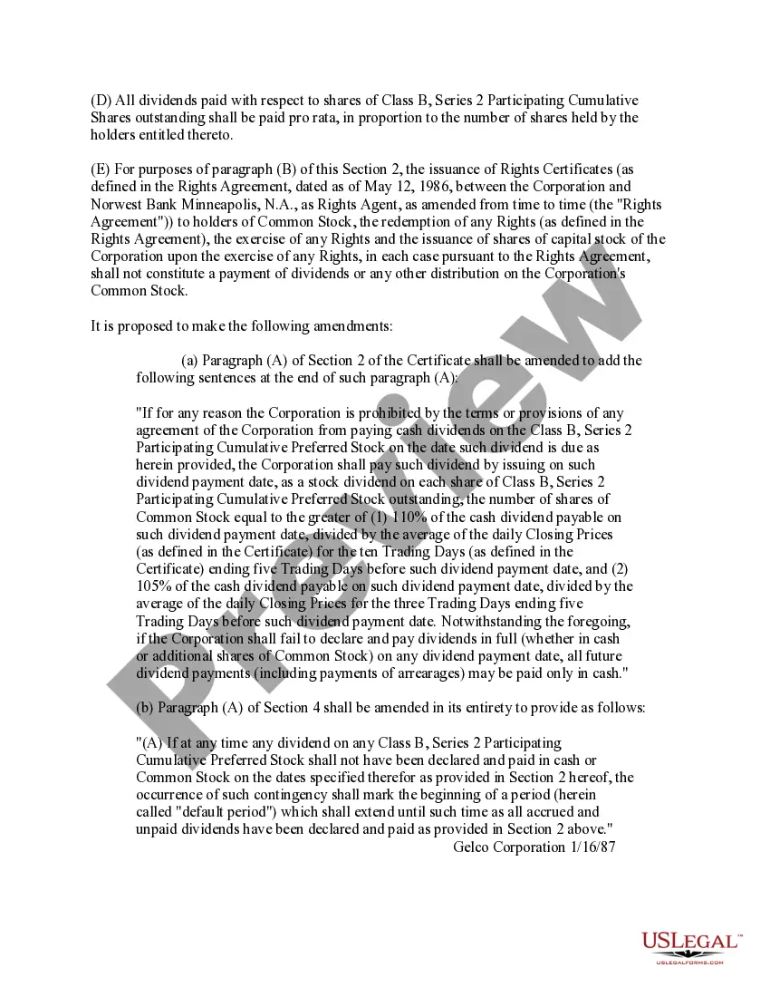 Get Amendment of terms of Class B preferred stock Preview Amendment of terms of Class B preferred stock