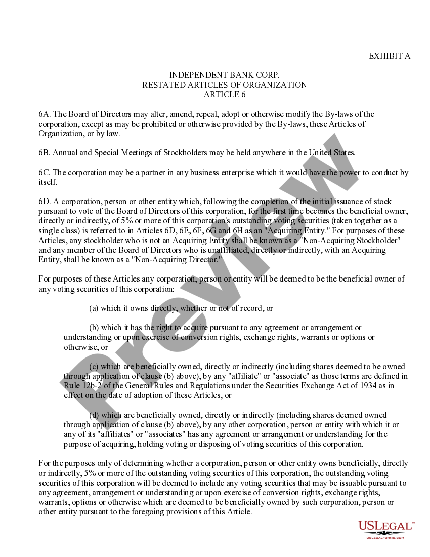 Waiver of Preemptive Rights with copy of restated articles of