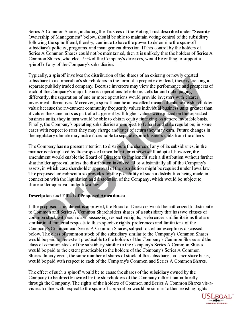 Preview Proposed amendment to articles of incorporation regarding distribution of stock of a subsidiary