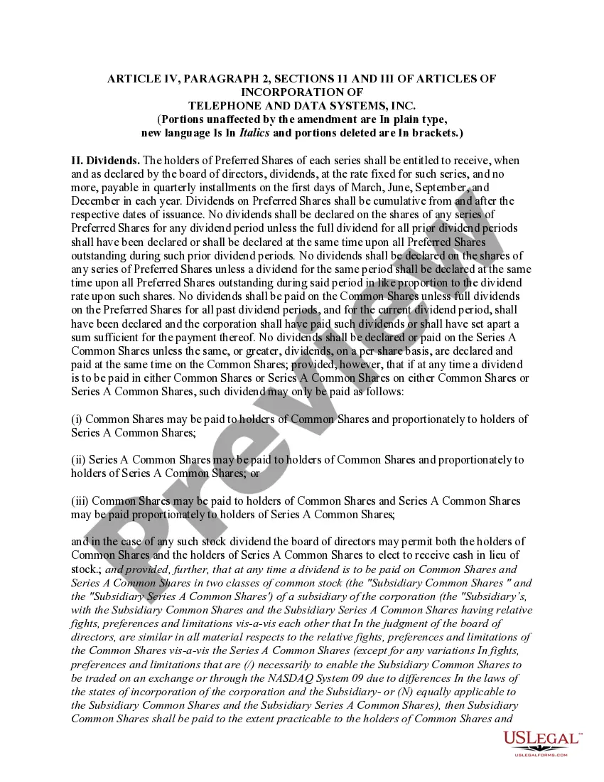 Preview Proposed amendment to articles of incorporation regarding distribution of stock of a subsidiary