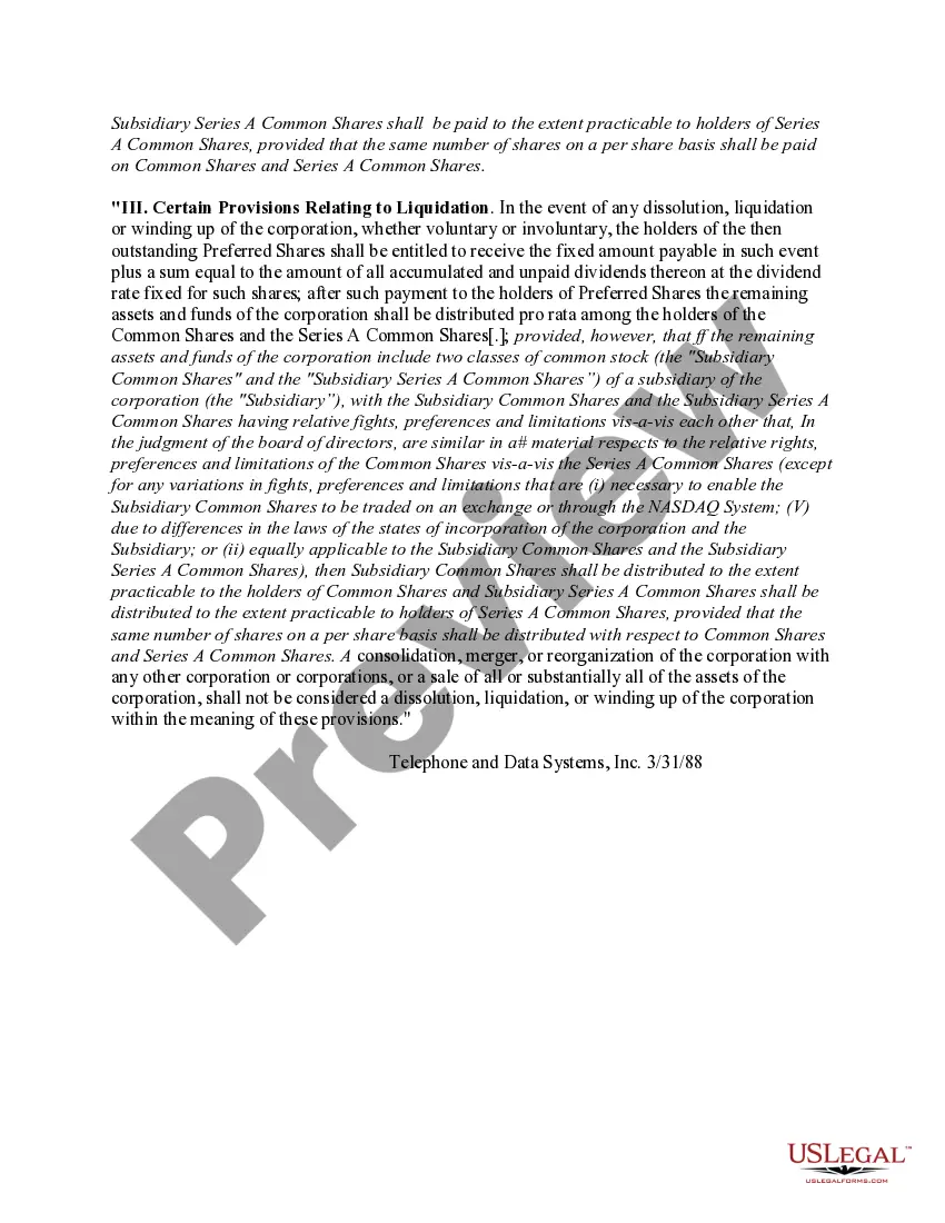 Preview Proposed amendment to articles of incorporation regarding distribution of stock of a subsidiary