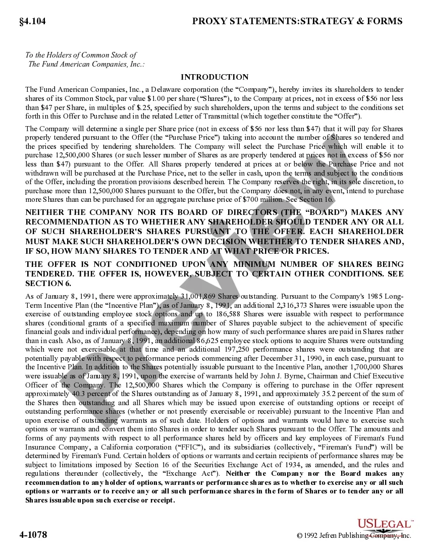 Preview Offer to Purchase for Cash by The Fundamerican Companies, Inc.