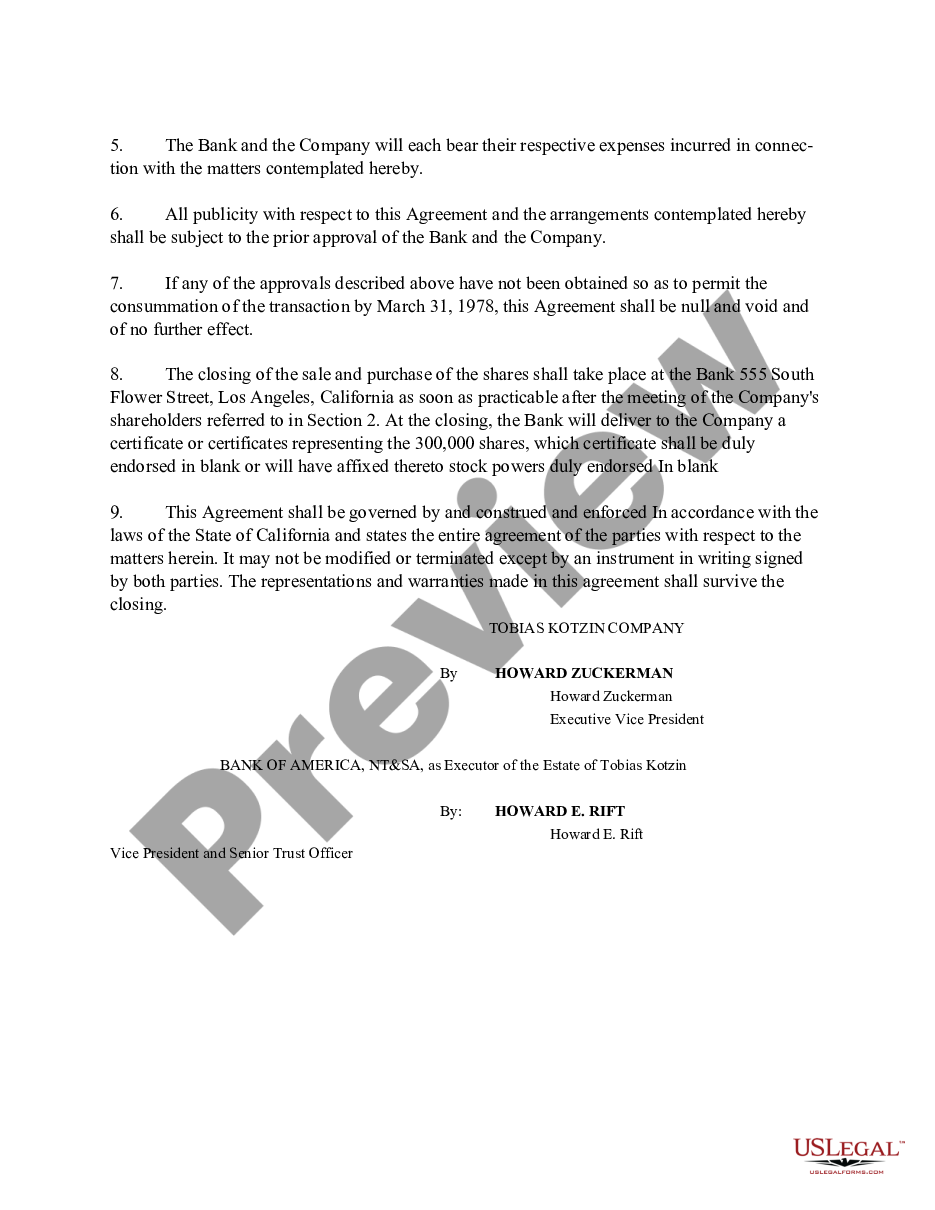 page 9 Sample Proposed purchase of 300,000 shares with copy of Agreement preview