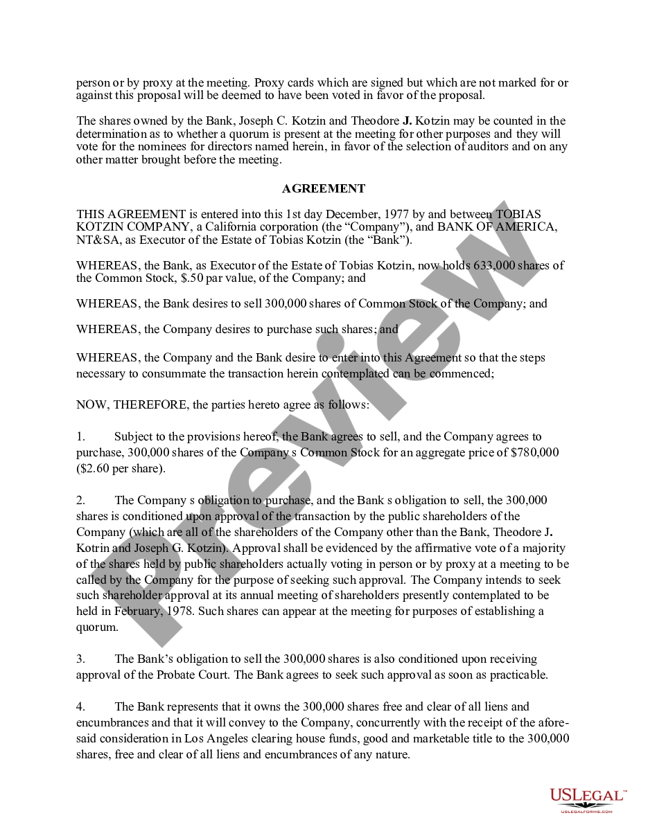 page 8 Sample Proposed purchase of 300,000 shares with copy of Agreement preview