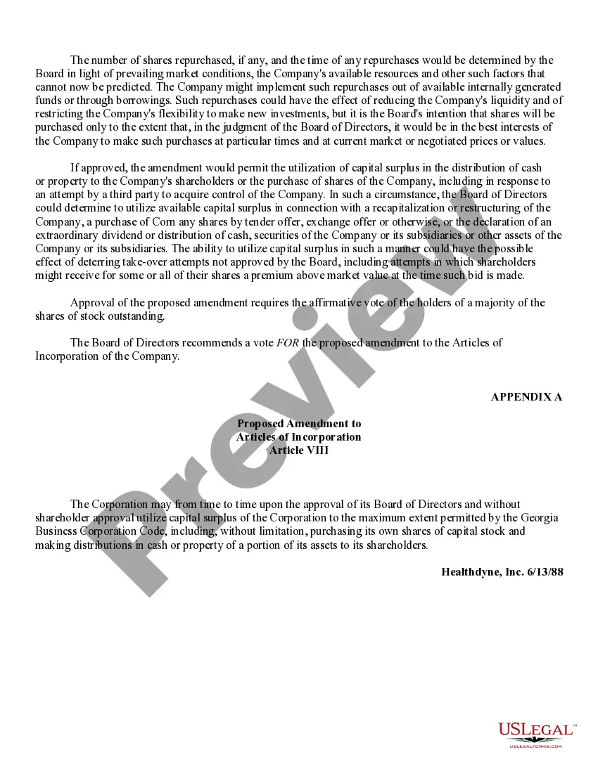 Get Approval of amendment to articles of incorporation to permit certain uses of distributions from capital surplus Preview Approval of amendment to articles of incorporation to permit certain uses of distributions from capital surplus