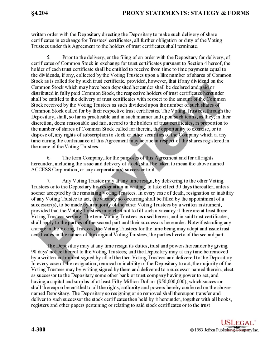 Get Voting Trust Agreement which provides that the shareholder has issued certificates in the care of the depositary in the name of the voting trustees Preview Voting Trust Agreement which provides that the shareholder has issued certificates in the care of the depositary in the name of the voting trustees