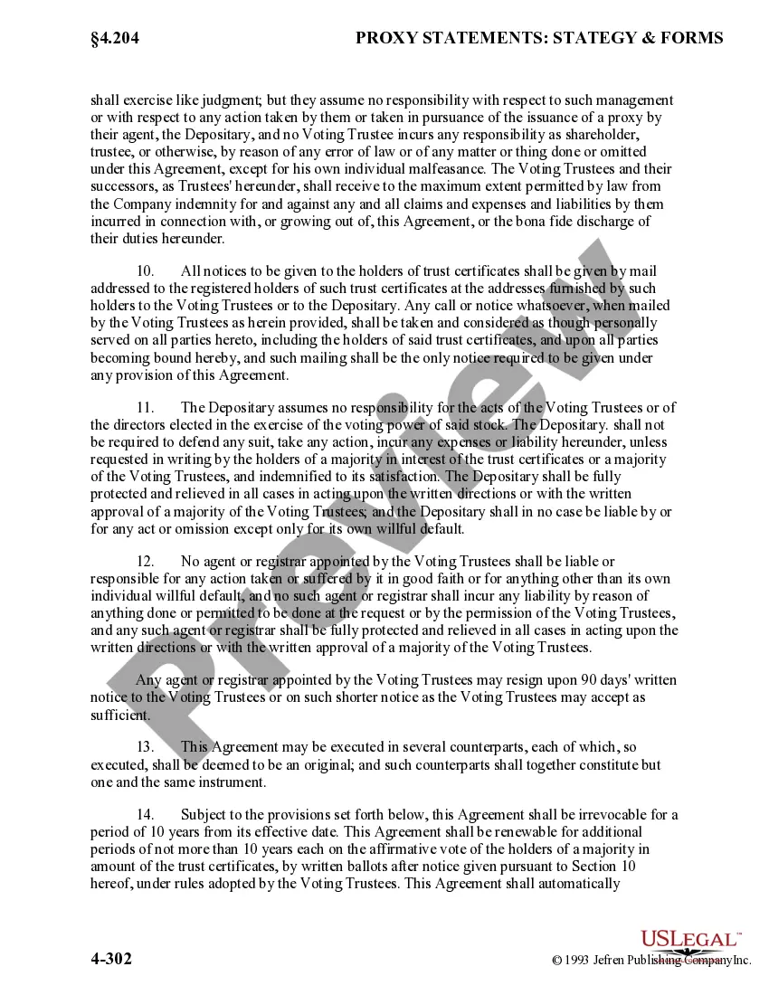Get Voting Trust Agreement which provides that the shareholder has issued certificates in the care of the depositary in the name of the voting trustees Preview Voting Trust Agreement which provides that the shareholder has issued certificates in the care of the depositary in the name of the voting trustees
