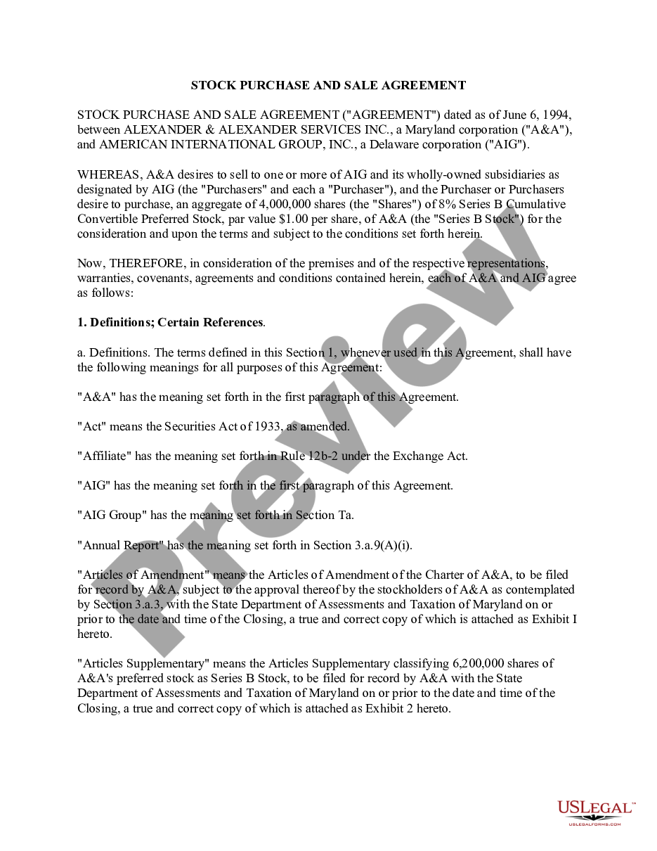 page 0 Sample Stock Purchase and Sale Agreement model for use in corporate matters between Alexander and Alexander Services, Inc., and American International Group, Inc. preview