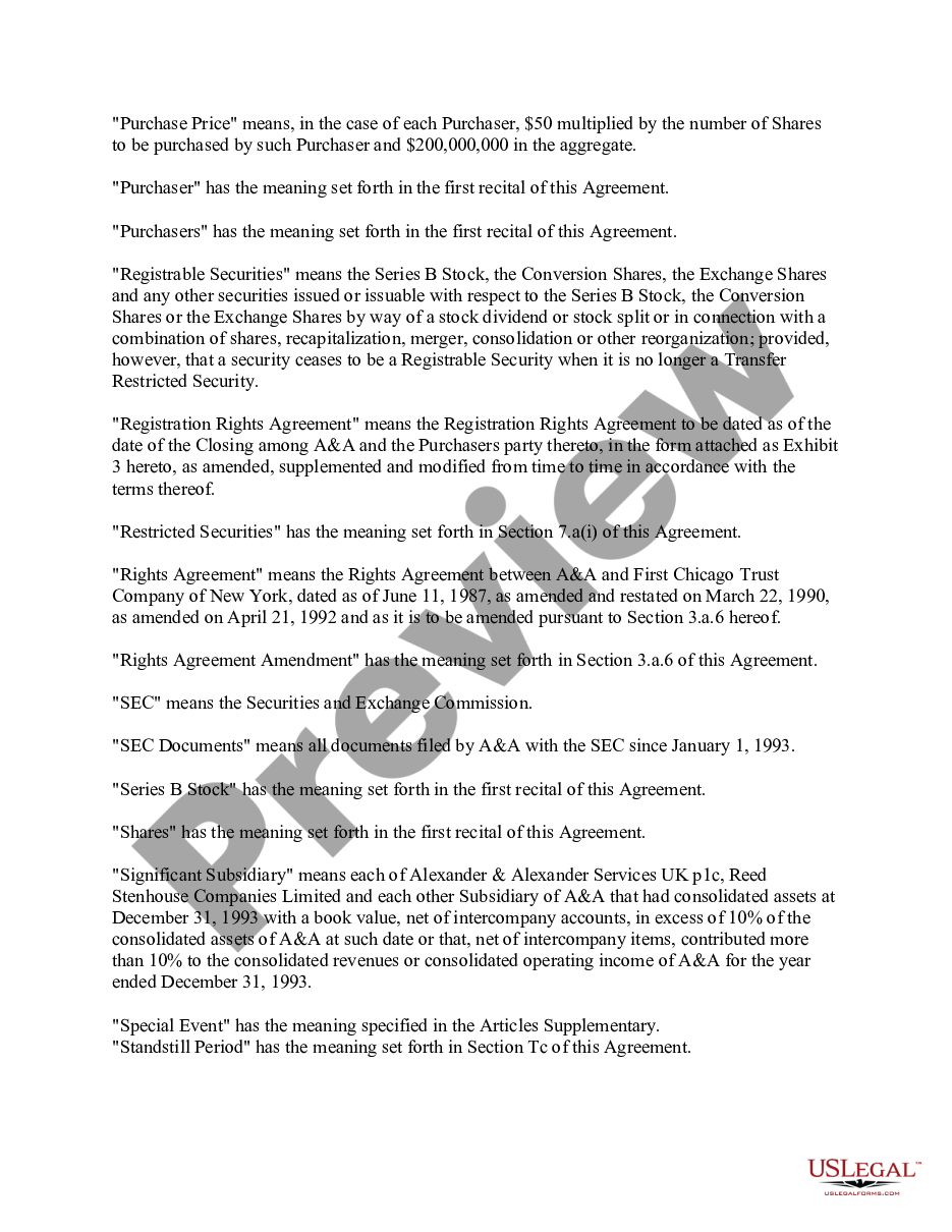 page 2 Sample Stock Purchase and Sale Agreement model for use in corporate matters between Alexander and Alexander Services, Inc., and American International Group, Inc. preview