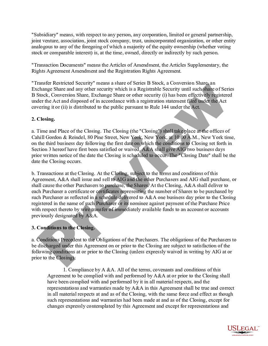 page 3 Sample Stock Purchase and Sale Agreement model for use in corporate matters between Alexander and Alexander Services, Inc., and American International Group, Inc. preview