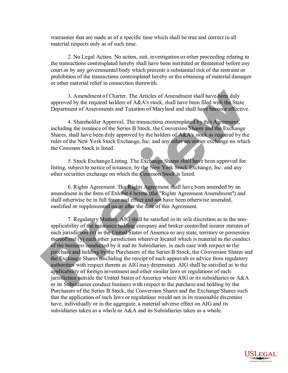 page 4 Sample Stock Purchase and Sale Agreement model for use in corporate matters between Alexander and Alexander Services, Inc., and American International Group, Inc. preview