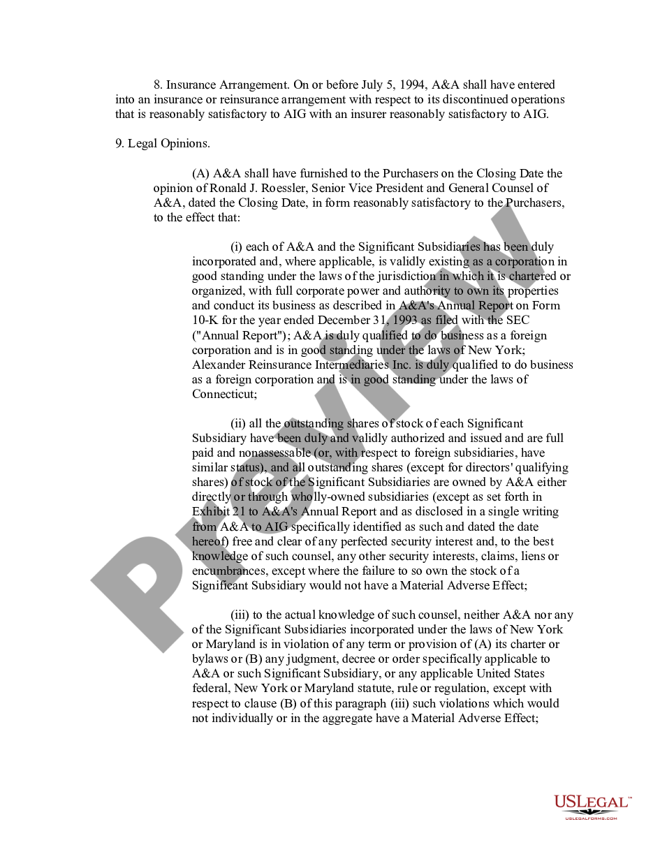 page 5 Sample Stock Purchase and Sale Agreement model for use in corporate matters between Alexander and Alexander Services, Inc., and American International Group, Inc. preview