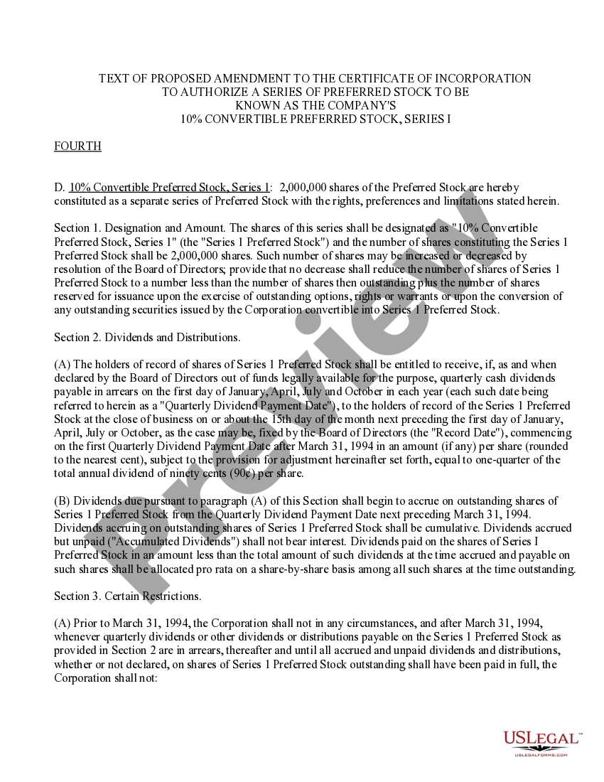 Text of proposed amendment to certificate of incorporation | US Legal Forms