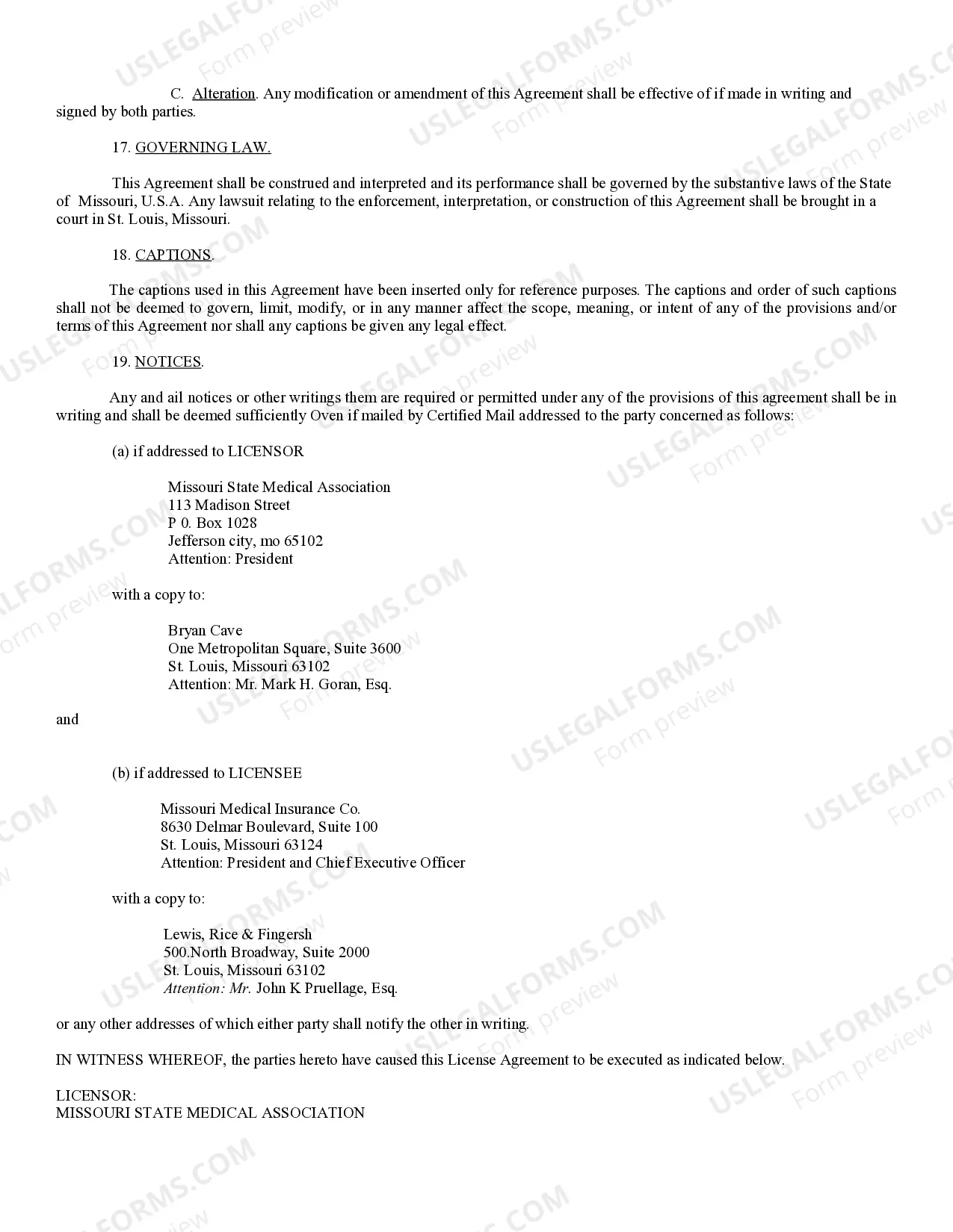 Preview License Agreement between Missouri State Medical Assoc. and Missouri Medical Insurance Co.