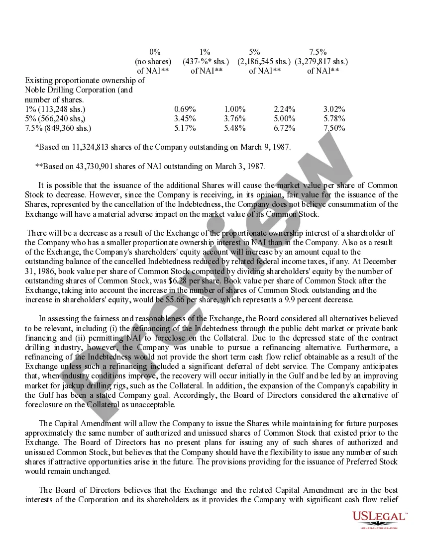 Get Exchange agreement and increase in authorized common stock by Noble Drilling Corp. Preview Exchange agreement and increase in authorized common stock by Noble Drilling Corp.