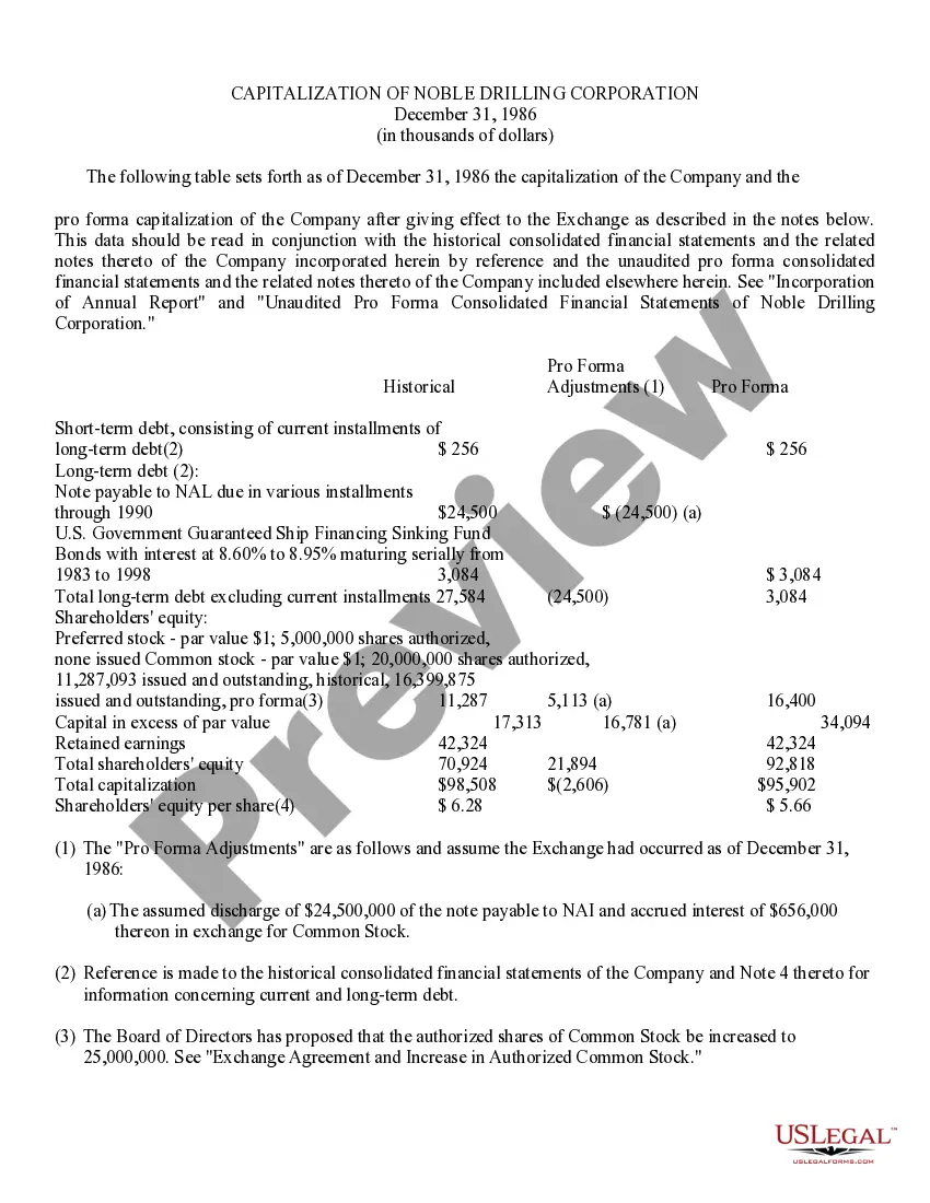 Get Exchange agreement and increase in authorized common stock by Noble Drilling Corp. Preview Exchange agreement and increase in authorized common stock by Noble Drilling Corp.