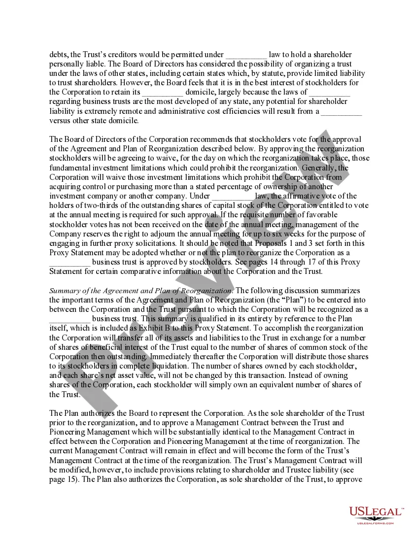 Get Reorganization of corporation as a Massachusetts business trust with plan of reorganization Preview Reorganization of corporation as a Massachusetts business trust with plan of reorganization