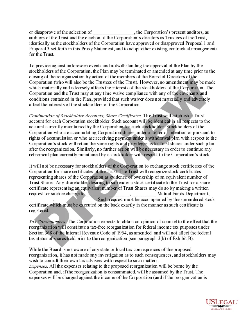 Get Reorganization of corporation as a Massachusetts business trust with plan of reorganization Preview Reorganization of corporation as a Massachusetts business trust with plan of reorganization