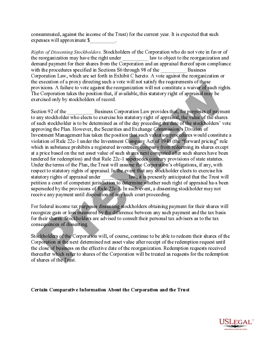 Get Reorganization of corporation as a Massachusetts business trust with plan of reorganization Preview Reorganization of corporation as a Massachusetts business trust with plan of reorganization