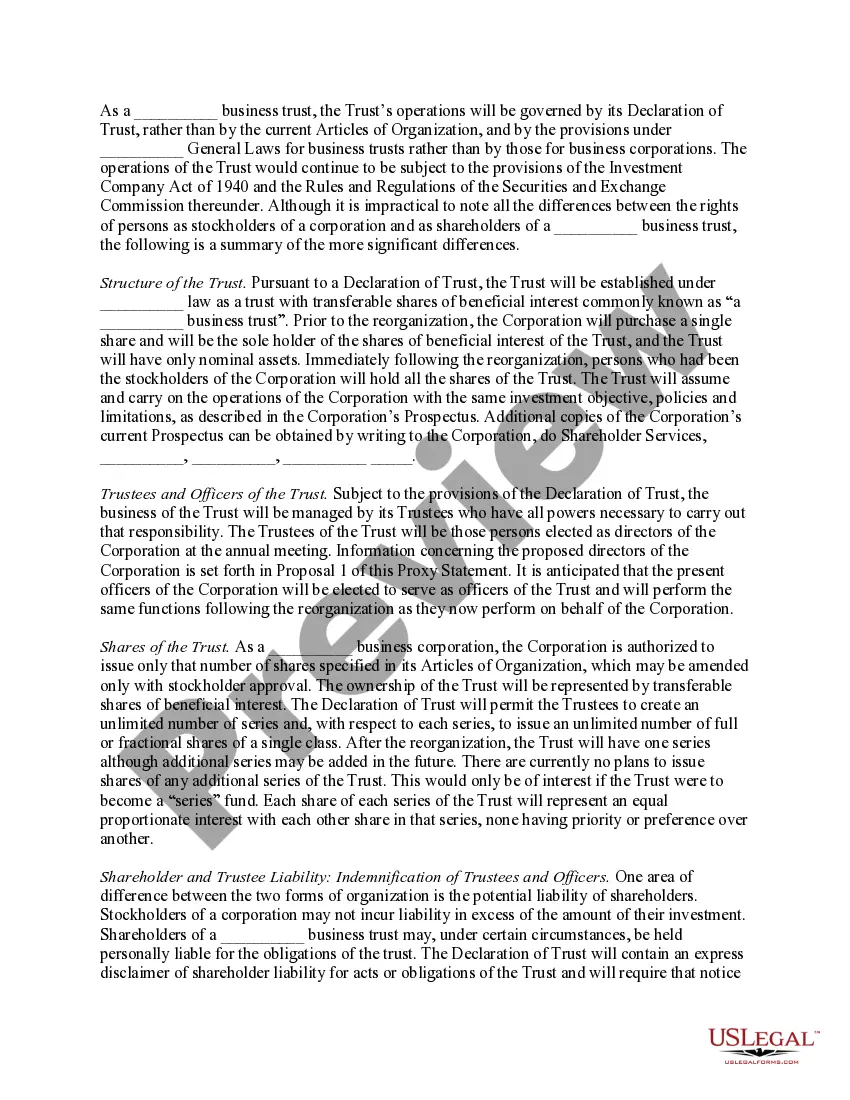 Get Reorganization of corporation as a Massachusetts business trust with plan of reorganization Preview Reorganization of corporation as a Massachusetts business trust with plan of reorganization
