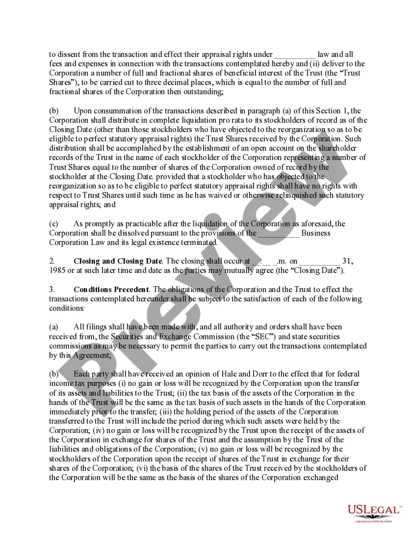Get Reorganization of corporation as a Massachusetts business trust with plan of reorganization Preview Reorganization of corporation as a Massachusetts business trust with plan of reorganization